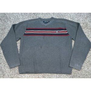 Vintage Abercrombie Sweater Mens XL Grey Stripe V Neck Cotton Acrylic Y2K